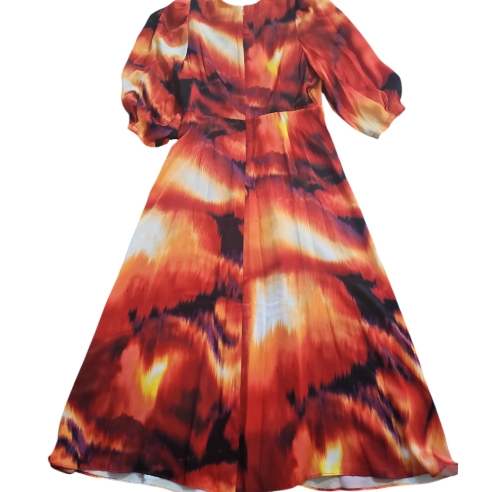 DKNY Printed Satin Midi Dress Red Orange Abstract Puff Sleeve L NWT - Picture 13 of 15